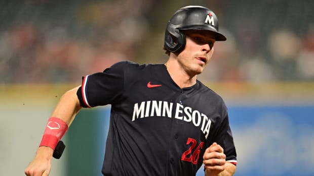 Sep 5, 2023; Cleveland, Ohio, USA; Minnesota Twins right fielder Max Kepler (26) rounds third base en route to scoring during the eighth inning against the Cleveland Guardians at Progressive Field.